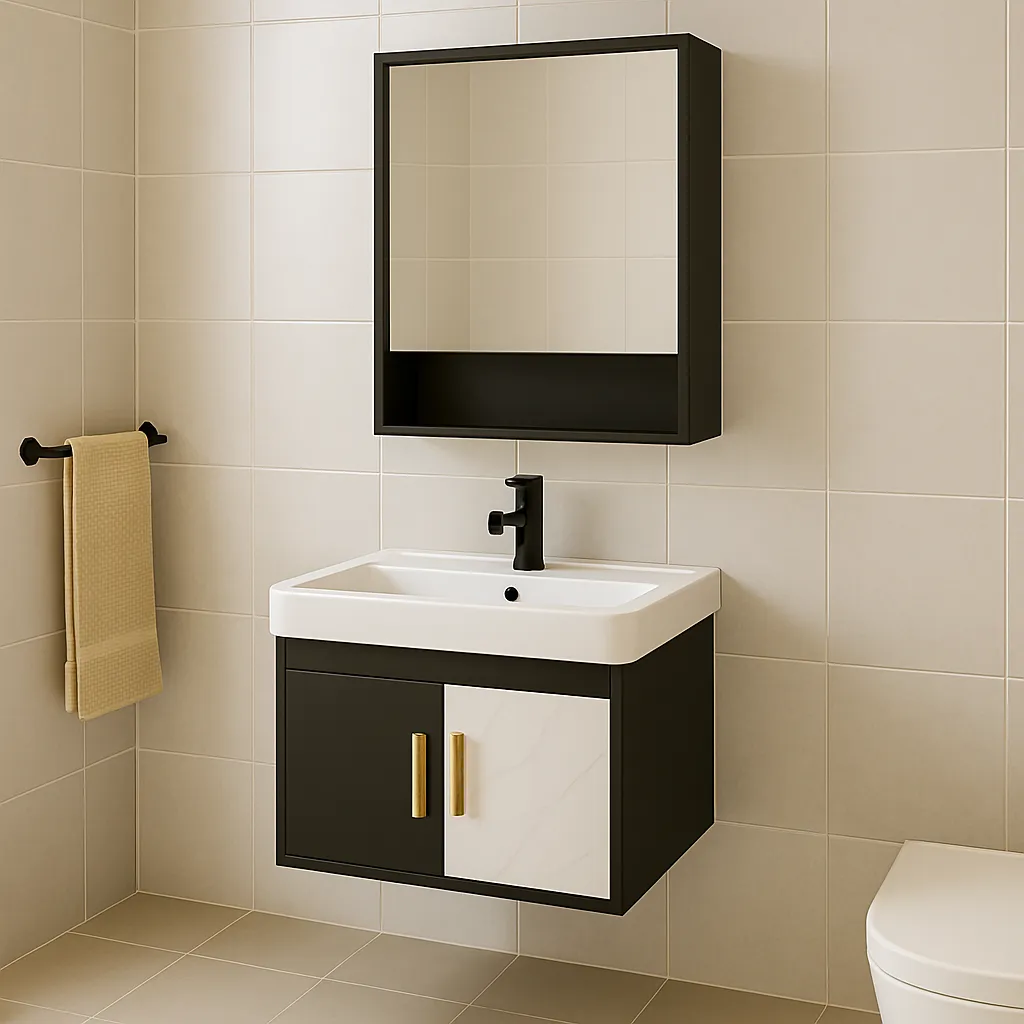 Set 24 de Baño con Espejo de 1 repisa horizontal y mueble con 2 puertas  lavamanos 51*35*41CM
